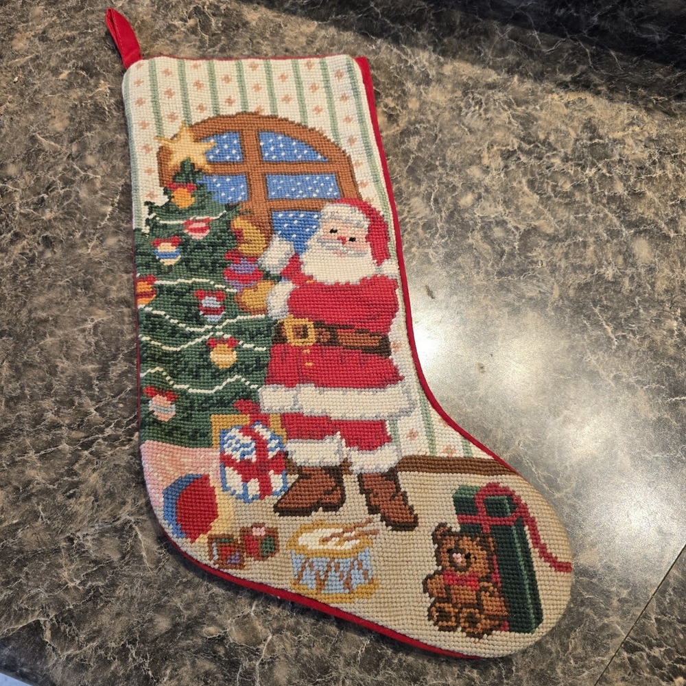 Santa Themed Handcrafted Needlepoint Christmas Stocking